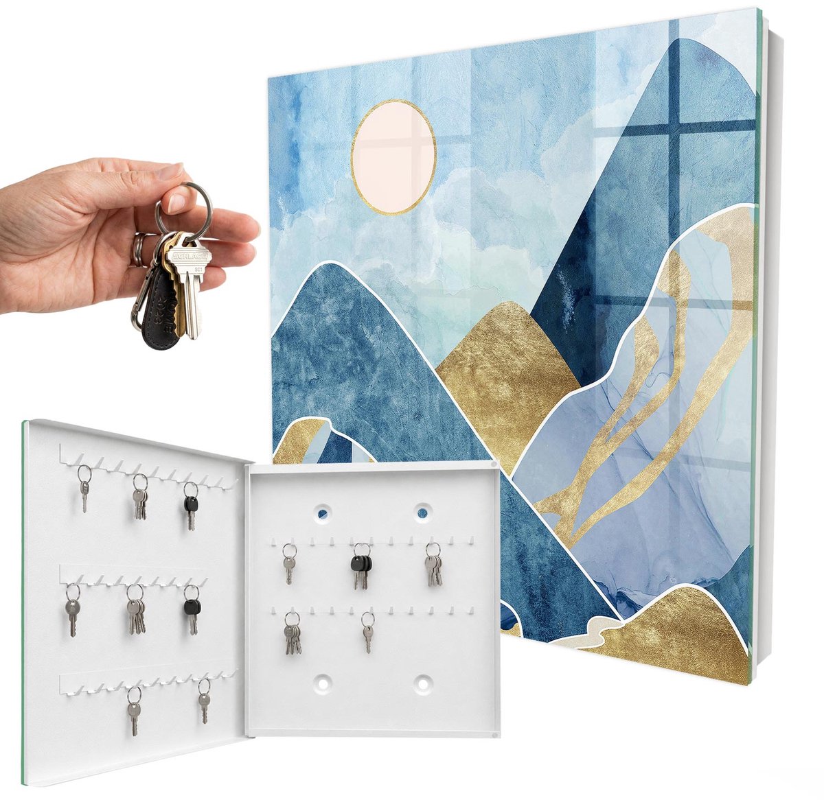 WallMuralia - Sleutelkast - 30x30x5 cm - met 50 haken - Berglandschap Sleutelkastje Modern - Blauw Sleutelbox - Linksopenend - Wit interieur