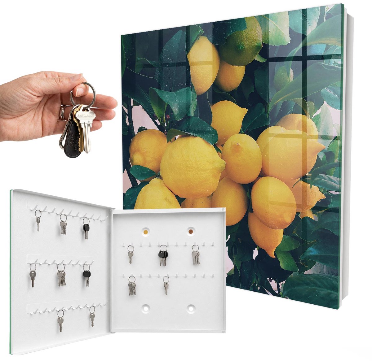 WallMuralia - Sleutelkast - 30x30x5 cm - met 50 haken - Groene Bladeren Sleutelkastje Modern - Groente Sleutelbox - Linksopenend - Wit interieur