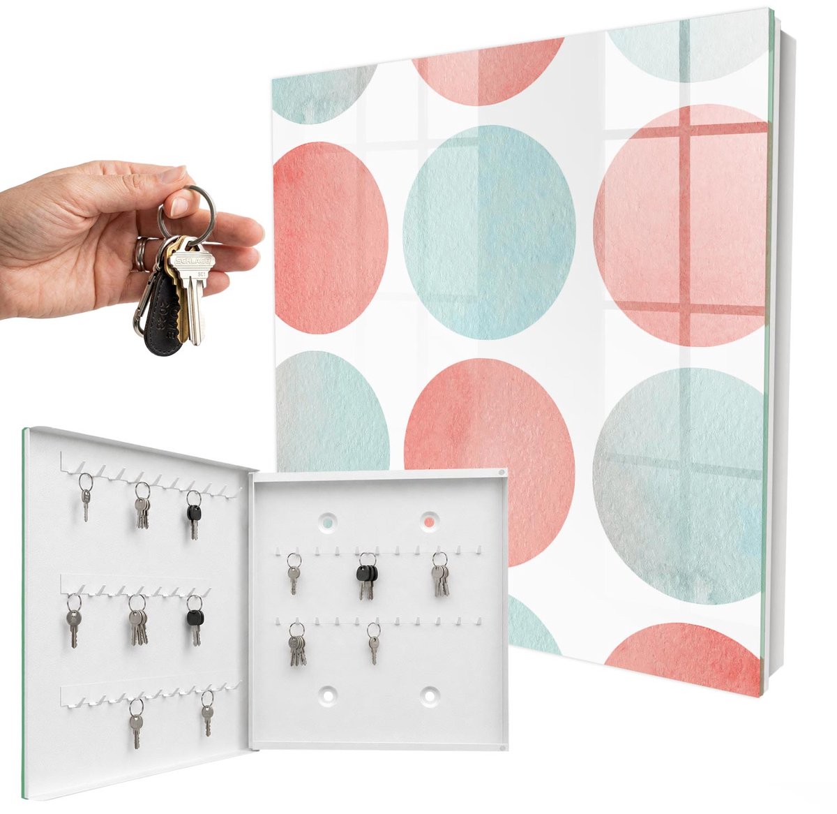 WallMuralia - Sleutelkast - 30x30x5 cm - met 50 haken - Pastelkleurige Cirkels Sleutelkastje Binnen - Wit Sleutelbox - Linksopenend - Wit interieur