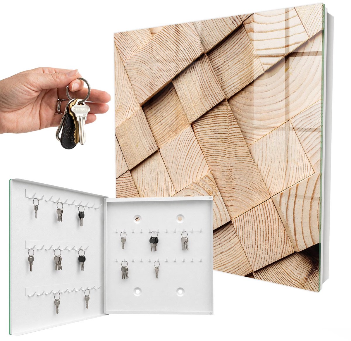 WallMuralia - Sleutelkast - 30x30x5 cm - met 50 haken - Houtstructuur Sleutelkastje - Beige Sleutelbox - Linksopenend - Wit interieur