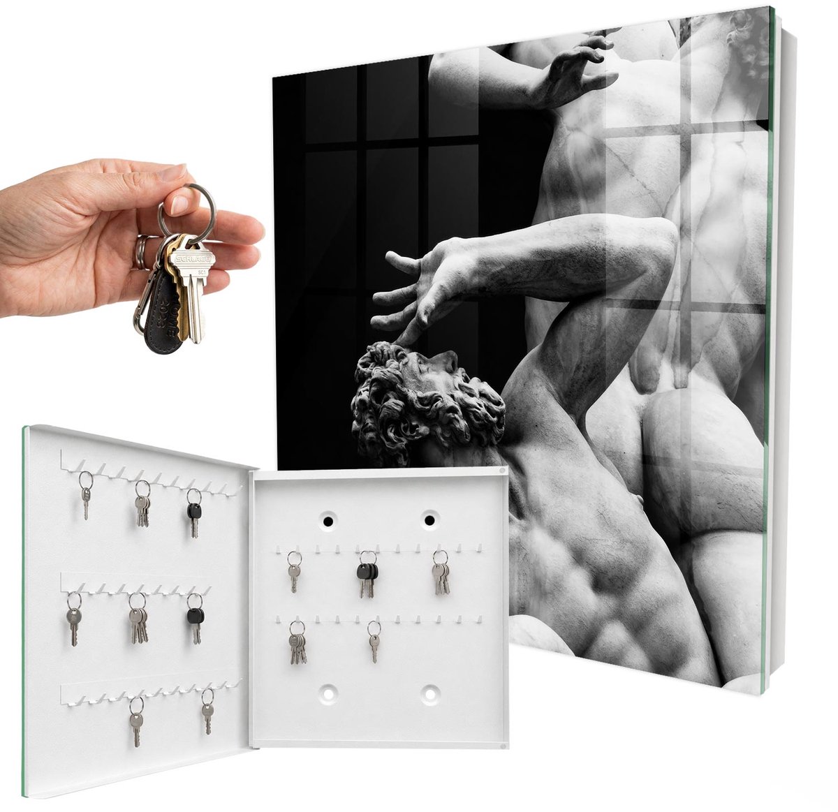 WallMuralia - Sleutelkast - 30x30x5 cm - met 50 haken - Stone-Emoties Sleutelkastje Muur - Zwart Sleutelbox - Linksopenend - Wit interieur
