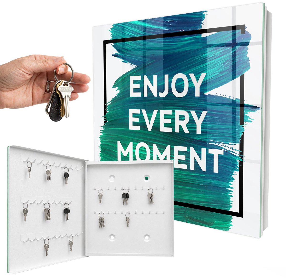 WallMuralia - Sleutelkast - 30x30x5 cm - met 50 haken - Dagelijkse Inspiratie Sleutelkastje Design - Blauw Sleutelbox - Linksopenend - Wit interieur
