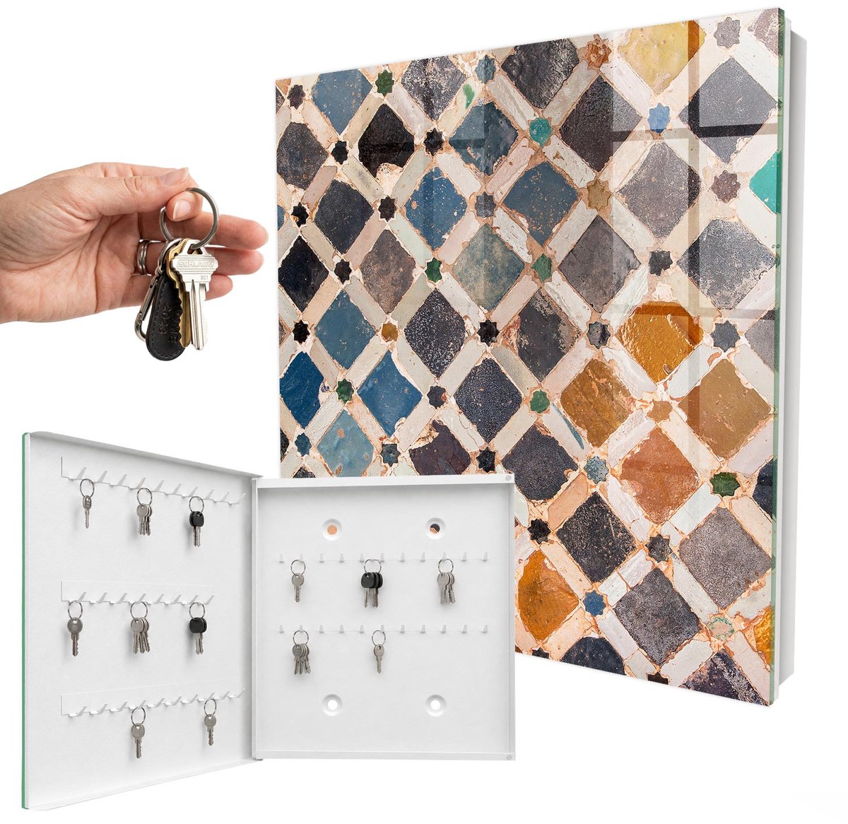 WallMuralia - Sleutelkast - 30x30x5 cm - met 50 haken - Kleurrijk Mozaïek Sleutelkastje Gang - Blauw Sleutelbox - Linksopenend - Wit interieur