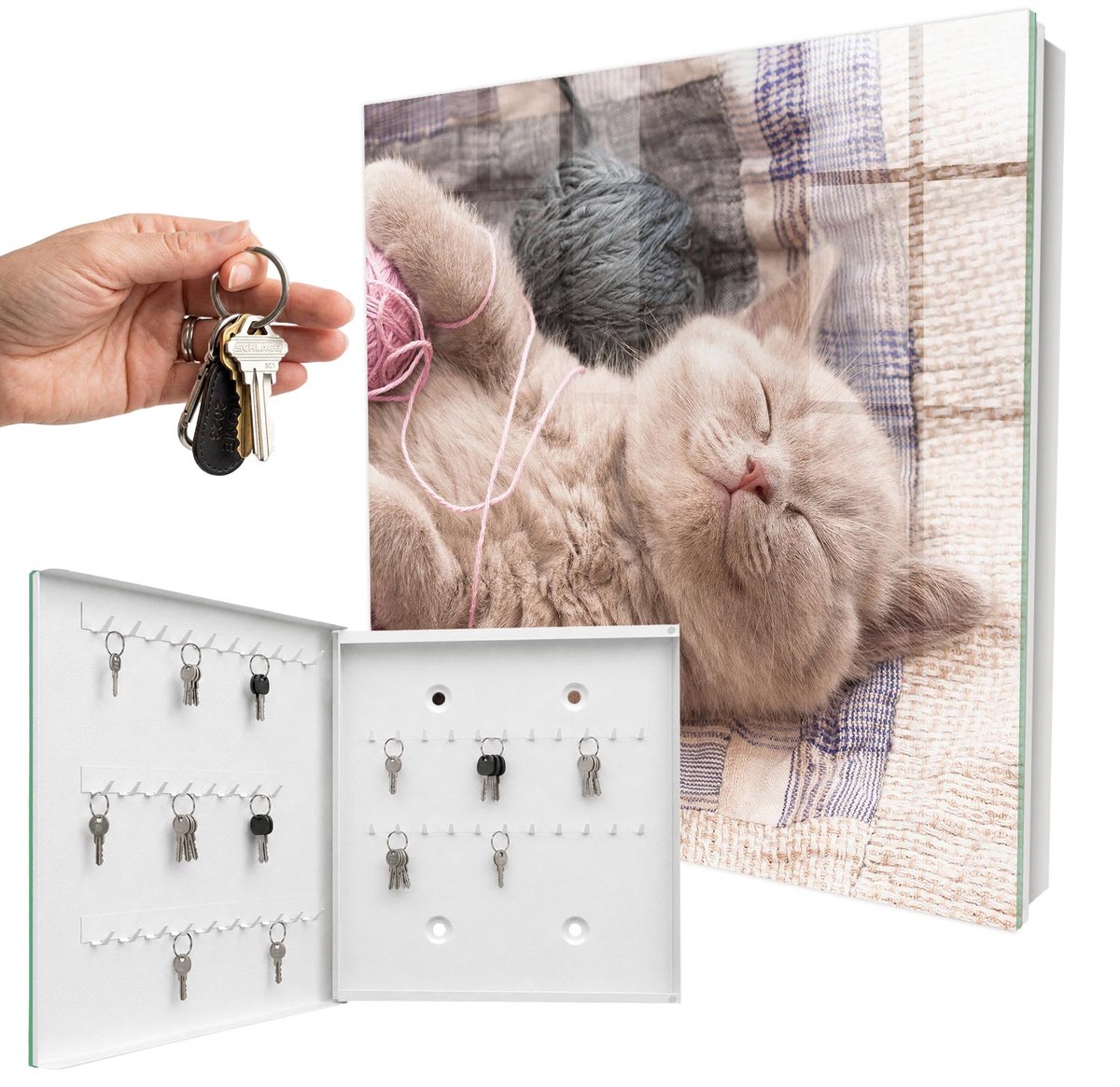 WallMuralia - Sleutelkast - 30x30x5 cm - met 50 haken - Slapend Katje Sleutelkastje Voor Binnen - Beige Sleutelbox - Linksopenend - Wit interieur