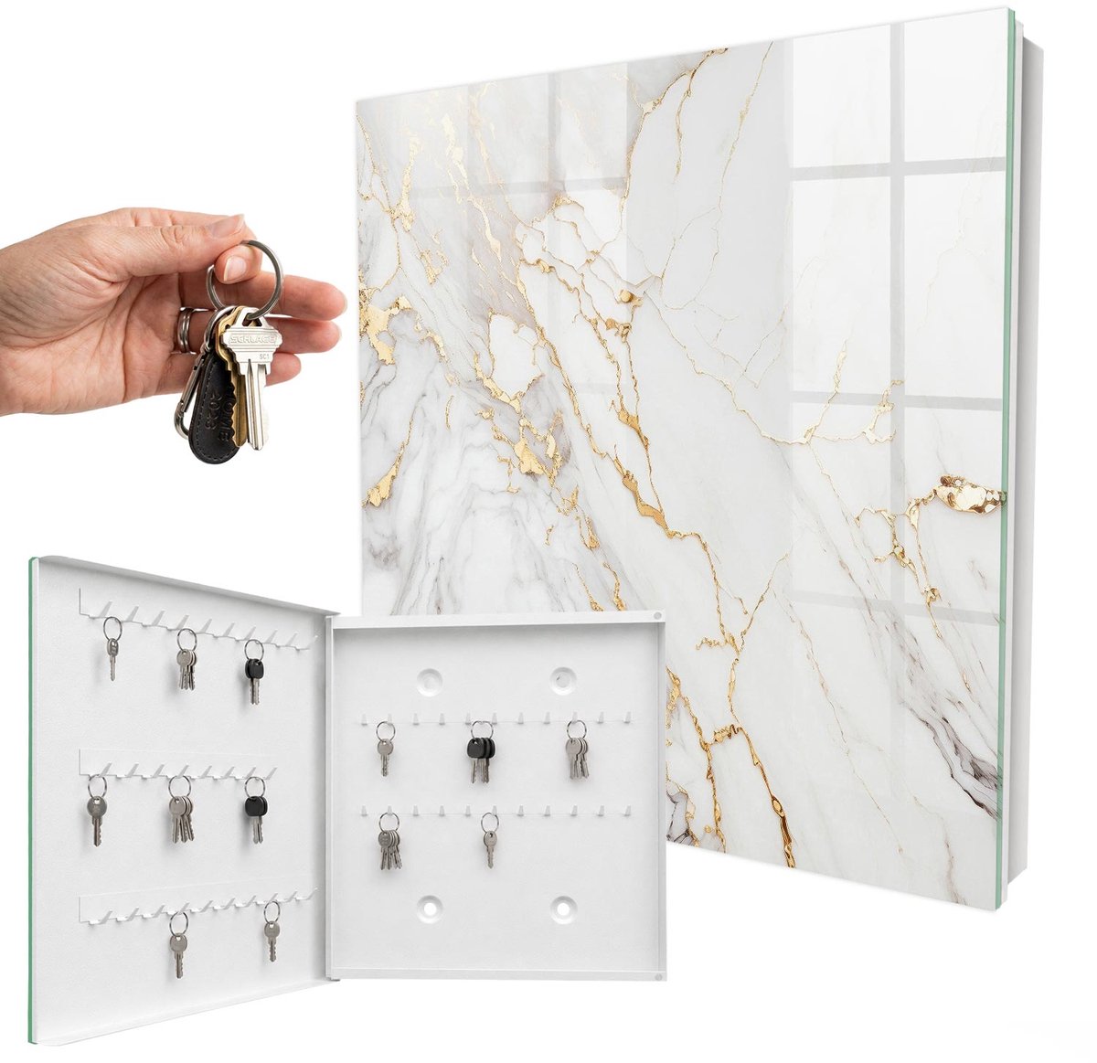 WallMuralia - Sleutelkast - 30x30x5 cm - met 50 haken - Marmeren Elegantie Leuk Sleutelkastje - Wit Sleutelbox - Linksopenend - Wit interieur