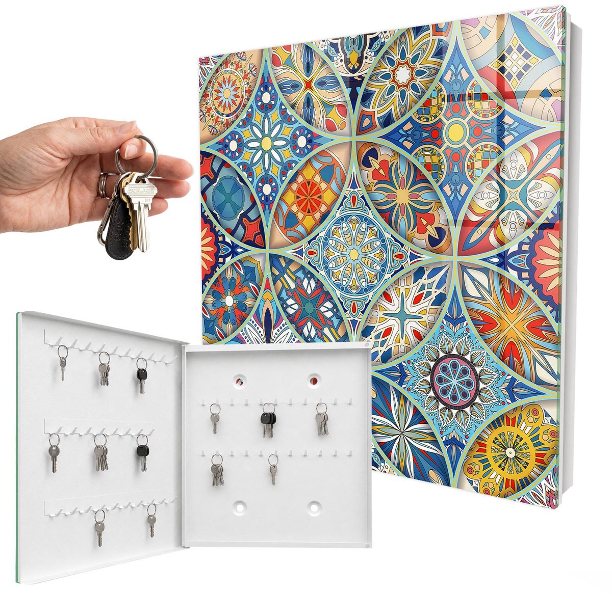 WallMuralia - Sleutelkast - 30x30x5 cm - met 50 haken - Kleurrijk Mozaïek Design Sleutelkastje - Blauw Sleutelbox - Linksopenend - Wit interieur