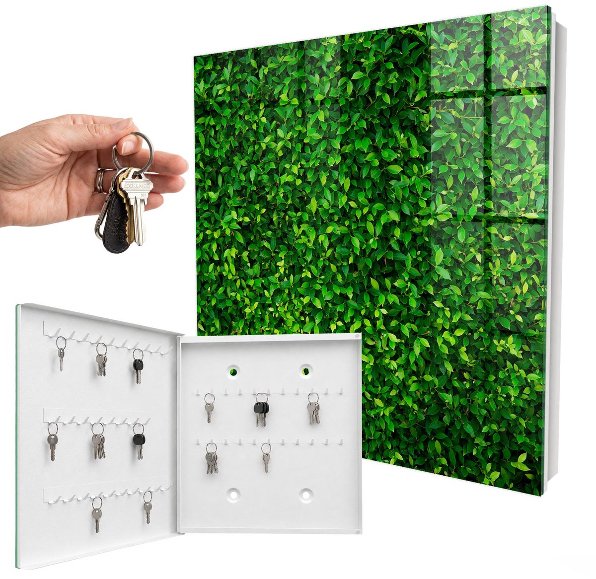WallMuralia - Sleutelkast - 30x30x5 cm - met 50 haken - Groene Tuin Sleutelkastje Voor Binnen - Groente Sleutelbox - Linksopenend - Wit interieur