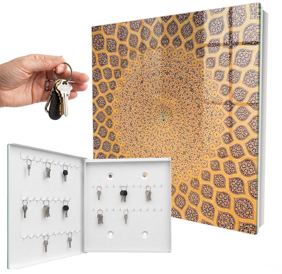 WallMuralia - Sleutelkast - 30x30x5 cm - met 50 haken - Geometrisch Ornament Design Sleutelkastje - Geel Sleutelbox - Linksopenend - Wit interieur