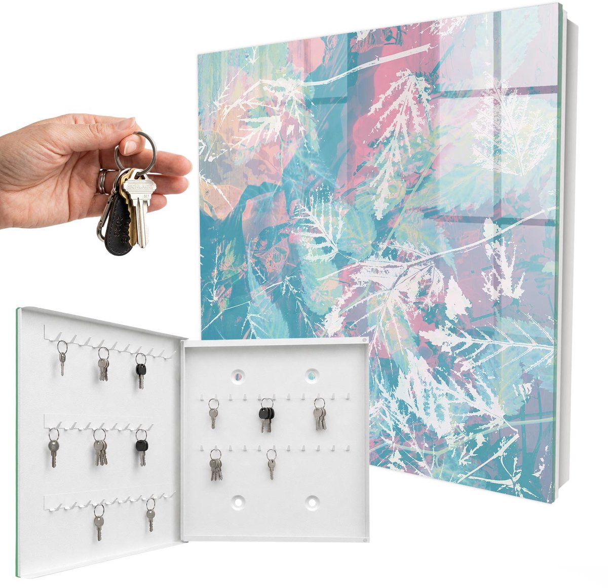 WallMuralia - Sleutelkast - 30x30x5 cm - met 50 haken - Pastelkleurige Bladeren Sleutelkastje Voor Binnen - Wit Sleutelbox - Linksopenend - Wit interieur