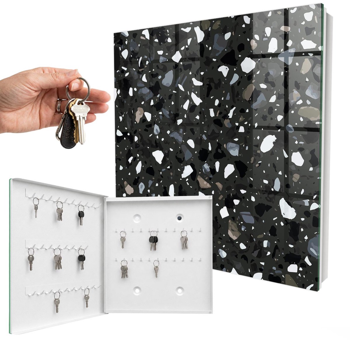 WallMuralia - Sleutelkast - 30x30x5 cm - met 50 haken - Stijlvol Mozaïek Sleutelkastje Muur - Zwart Sleutelbox - Linksopenend - Wit interieur