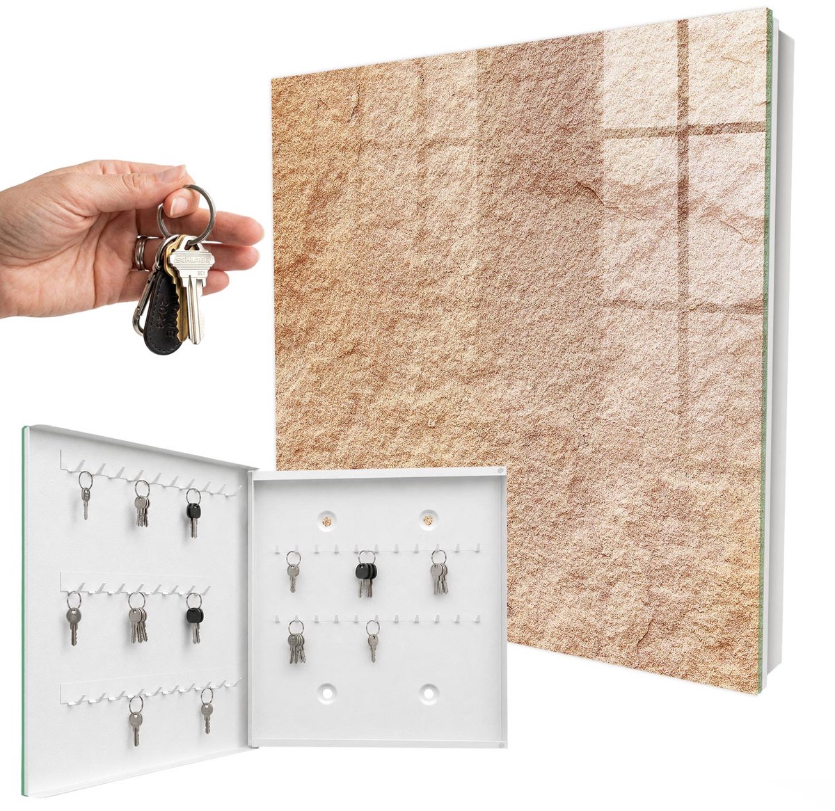 WallMuralia - Sleutelkast - 30x30x5 cm - met 50 haken - Zandpatroon Sleutelkastje Modern - Beige Sleutelbox - Linksopenend - Wit interieur