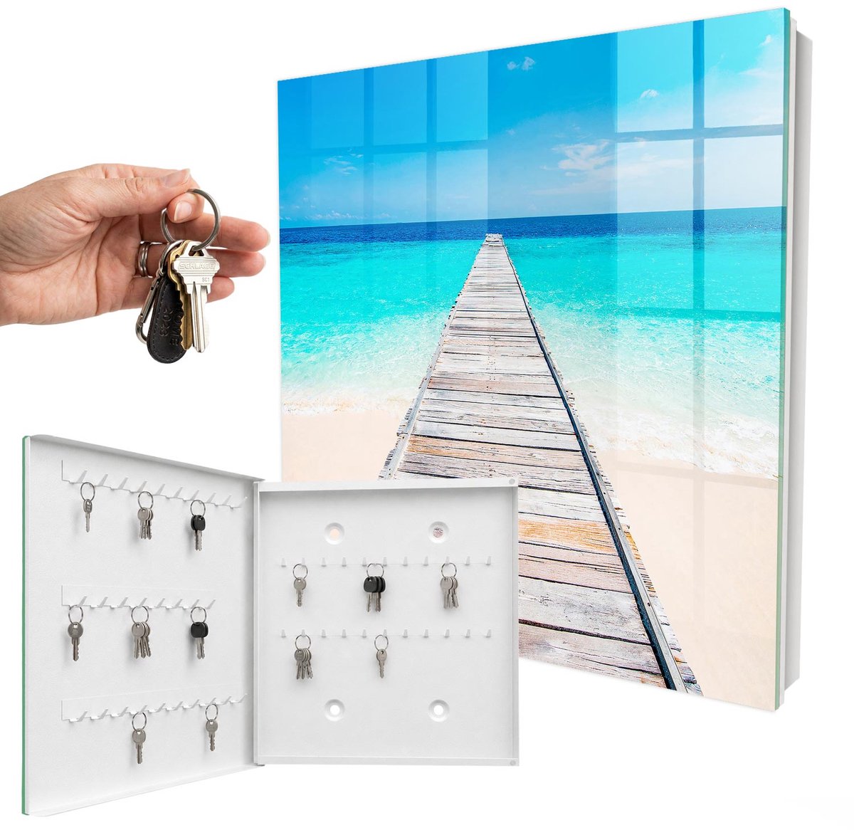 WallMuralia - Sleutelkast - 30x30x5 cm - met 50 haken - Zeehaven Design Sleutelkastje - Turkoois Sleutelbox - Linksopenend - Wit interieur