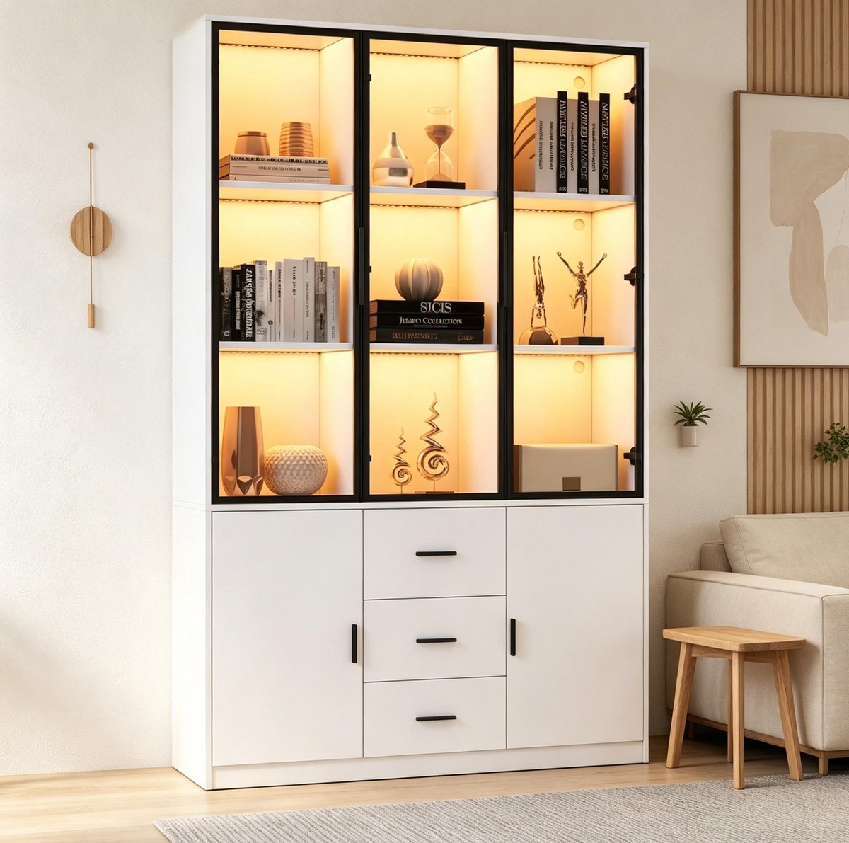 MIVRAY Vitrinekast - Wit Met RGB Ledverlichting, 5 Deuren En 3 Lades - Voor Woonkamer, Werkkamer En Hal - Spaanplaat - 120x30x200 Cm