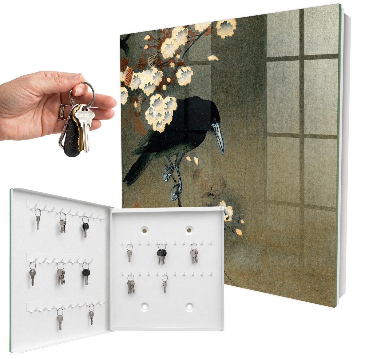 WallMuralia - Sleutelkast - 30x30x5 cm - met 50 haken - Ohara Koson De Kraai En De Kersenbloesems Sleutelkastje Binnen - Zwart Sleutelbox - Linksopenend - Wit interieur