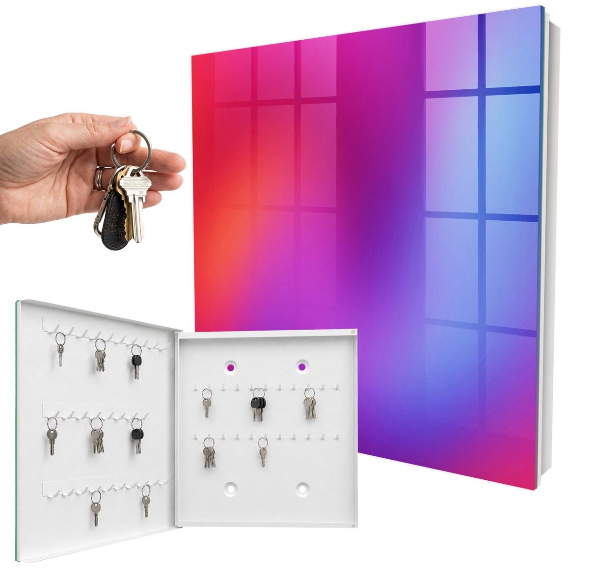 WallMuralia - Sleutelkast - 30x30x5 cm - met 50 haken - Kleurrijk Genot Sleutelkastje Hal - Paars Sleutelbox - Linksopenend - Wit interieur