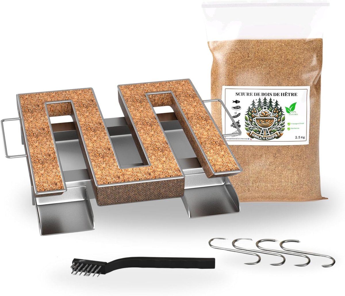 SnelShoppen - Cold Smoke Generator/Serpentine voor Vlees en Vis Rookhuis - Compleet Set met 1.2 kg Beuken Houtsnippers, 4 Haakjes en 1 Schoonmaakborst