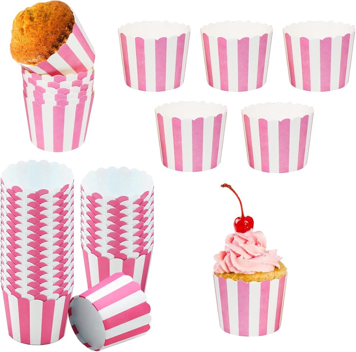 50 stuks muffinvormpjes, gestreept, bakbekers, cupcake, roze