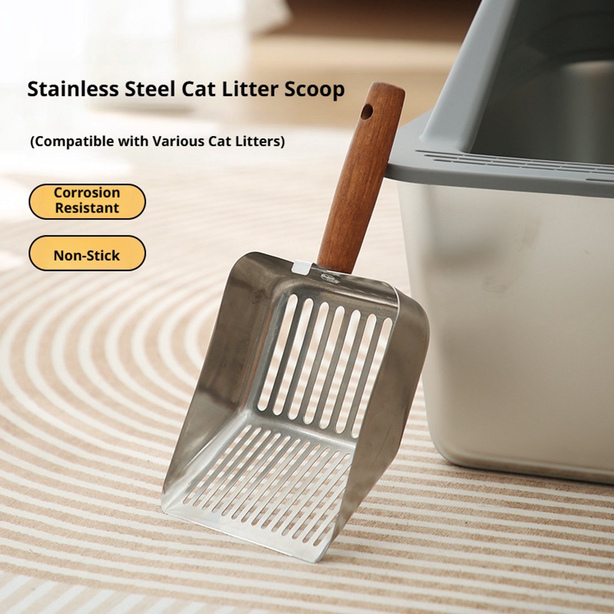 GYW Litter Scoop - Kattenbak Schep - Roestvrijstalen Schep - Non-Stick - Houten handvat