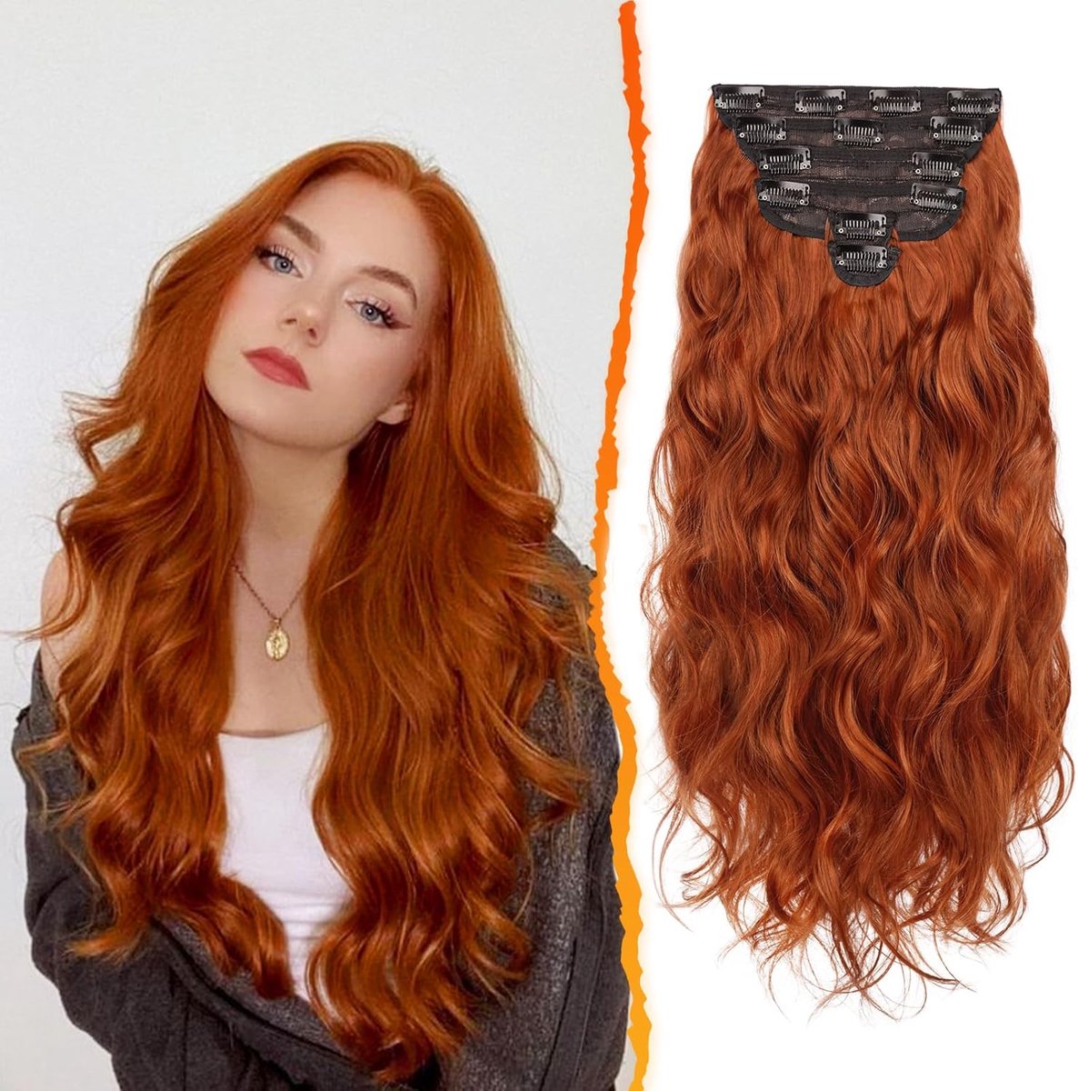 Clip in Hair Extensions Koper Rood, 50cm Golvende Clip in