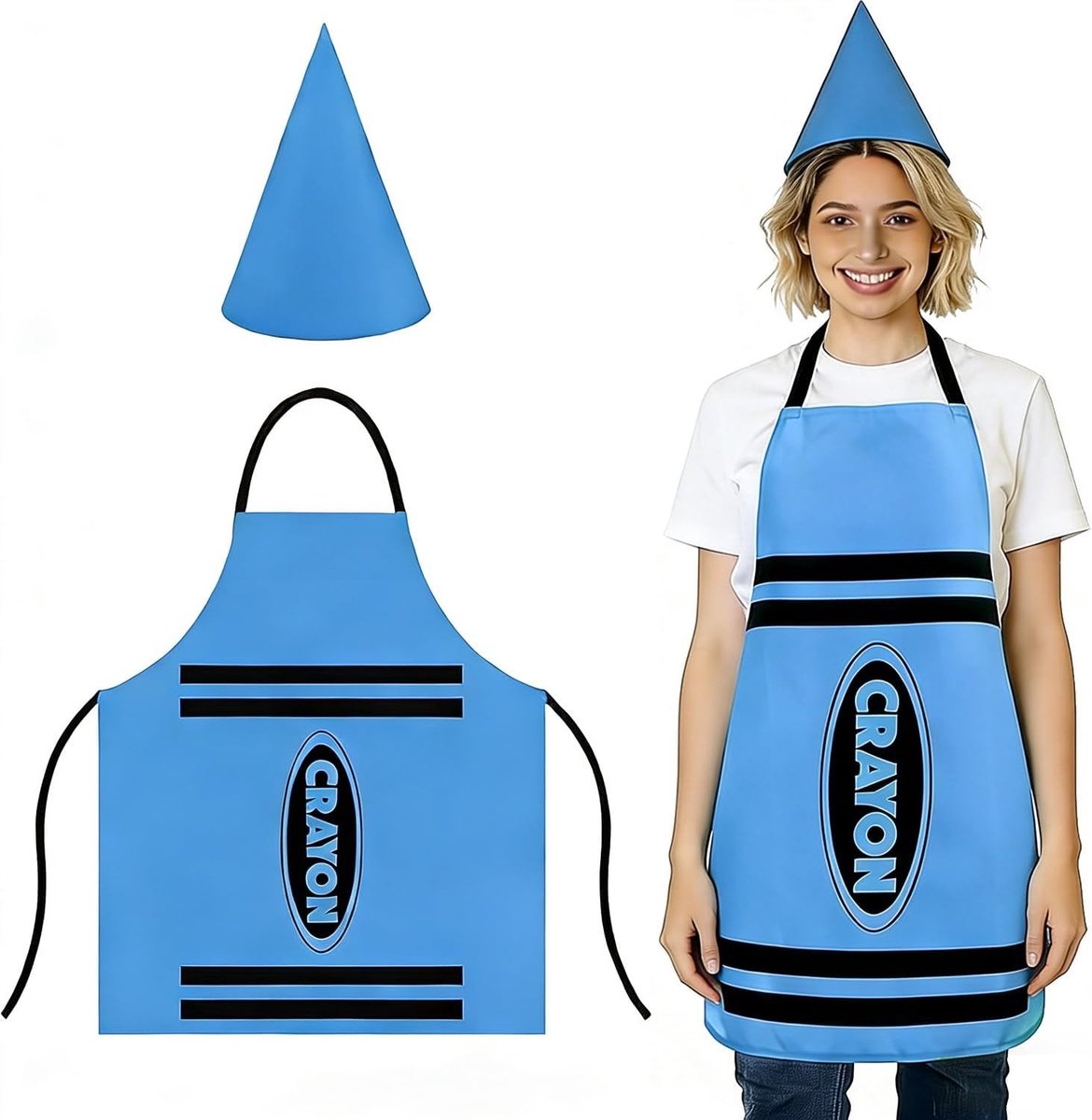 Blauwe krijt kostuum met schort, tabard en puntige hoed voor volwassenen, ideaal voor rollenspellen, schoolactiviteiten en Wereld Boekendag