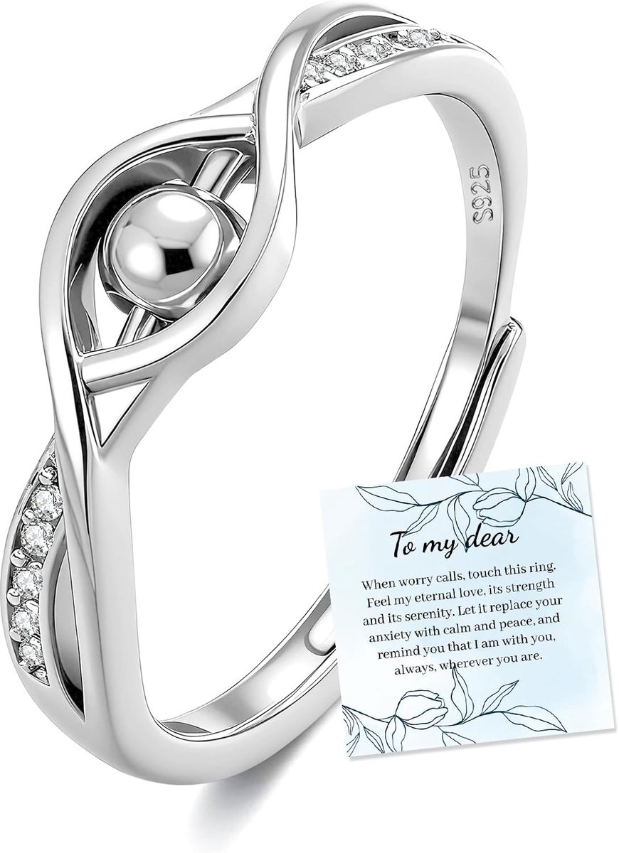 Anxiety Ring Fidget Stress Ring voor dames, zilver 925 met zirkonia