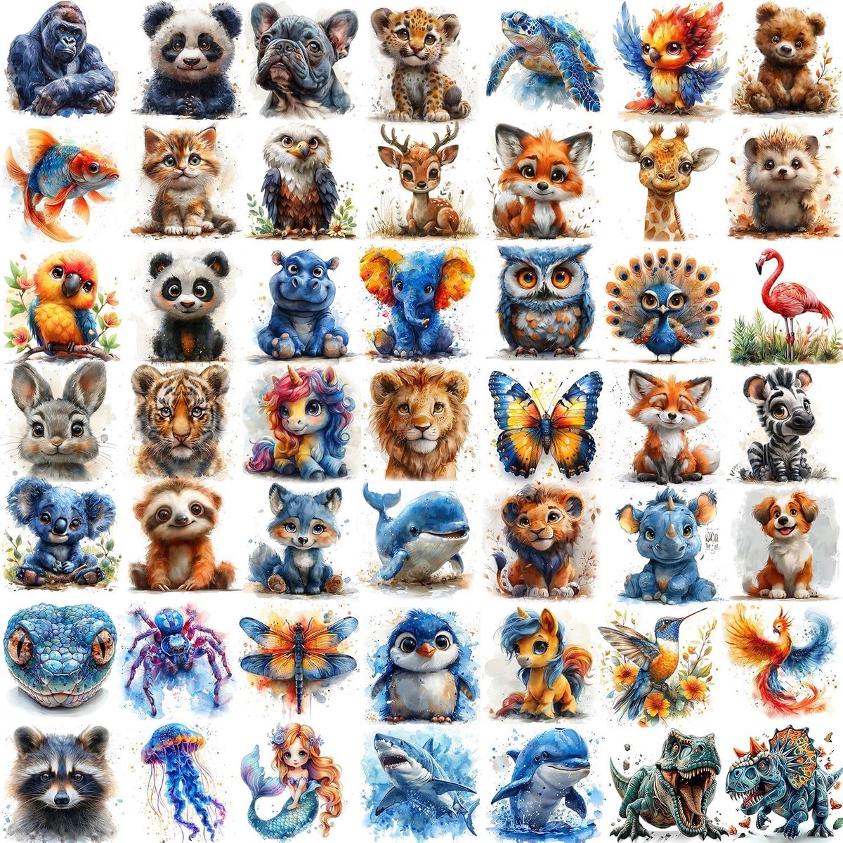 50 stuks aquarel kleurrijke schattige dieren tijdelijke tatoeages kinderen meisjes jongens plaktatoeages tatoeages om op te plakken nep tatoeage stickers lichaam gezicht festival party cadeau