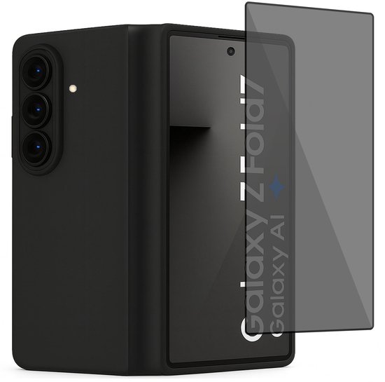 Coque noire pour Galaxy Z Fold 7 avec trois appareils photo. Protection d'écran de confidentialité à côté.