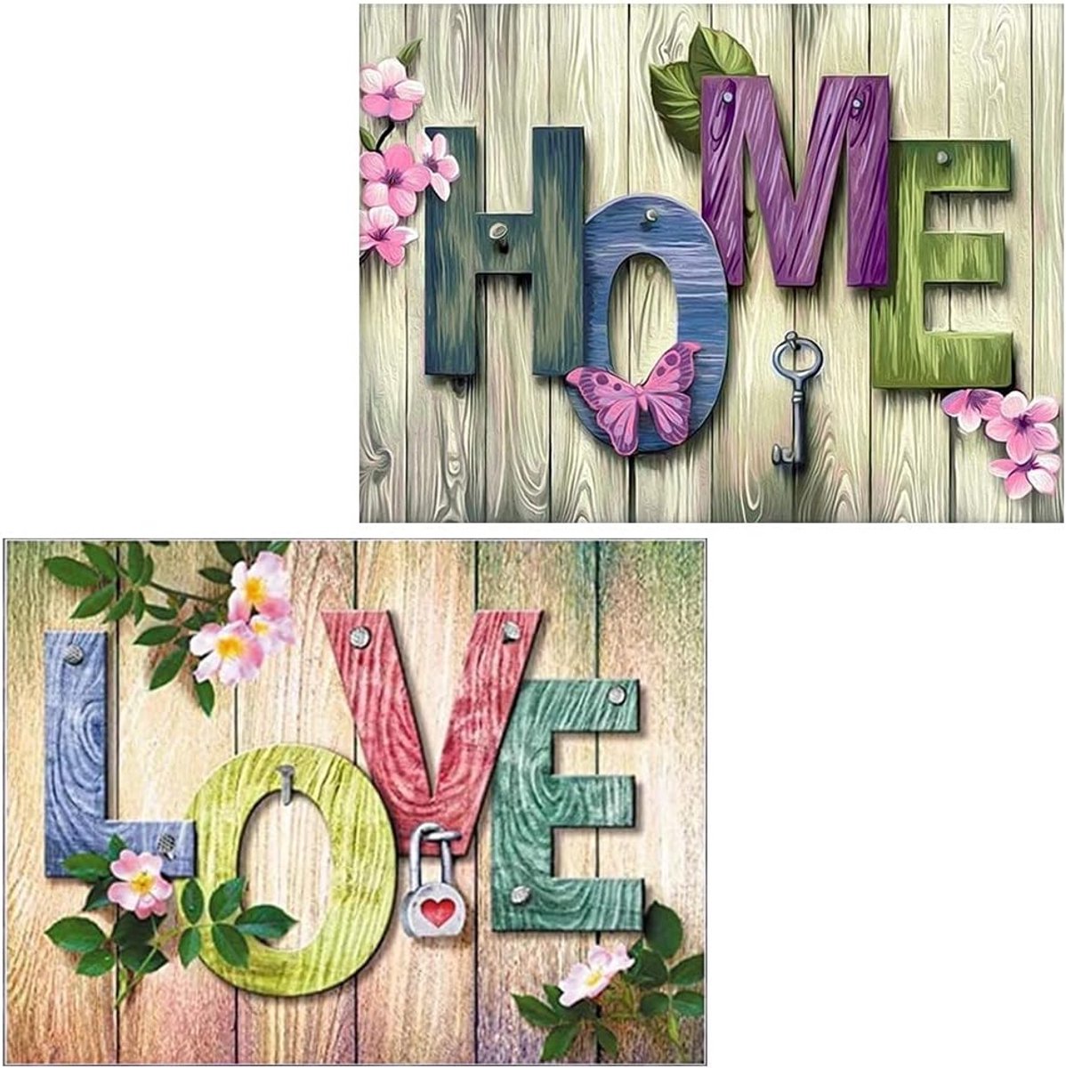 Borduurset van hout met opschrift "Home and Love" - Set van 2 starterskits met bedrukt motief (Home & Love Set van 2)
