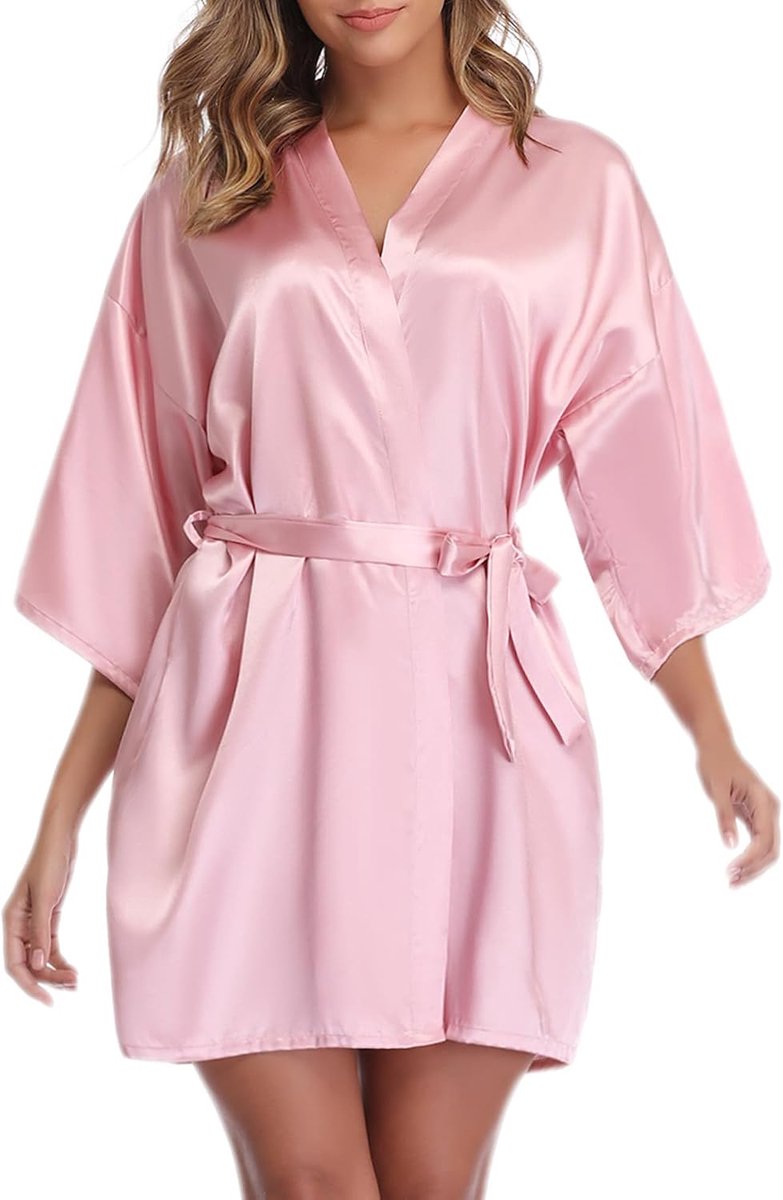 Dames Ochtendjas Kimono Satijn Robe Korte Nachtkleding V-hals Badjas