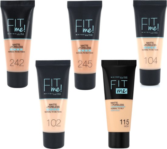Maybelline Fit Me Matte + Poreless foundation tubes in tinten 242, 245, 102, 115 Ivory en 104.