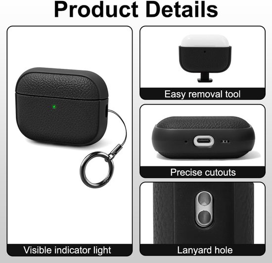 Hoesje Compatibel Met Airpods Pro 3 (2025), Tpu Schokbestendig Beschermhoesje Met Lederlook En Sleutelhangertje Voor Airpods Pro 3e, Led-Indicator, Ondersteunt Draadloos Opladen - Zwart van hoesje — afbeelding 2