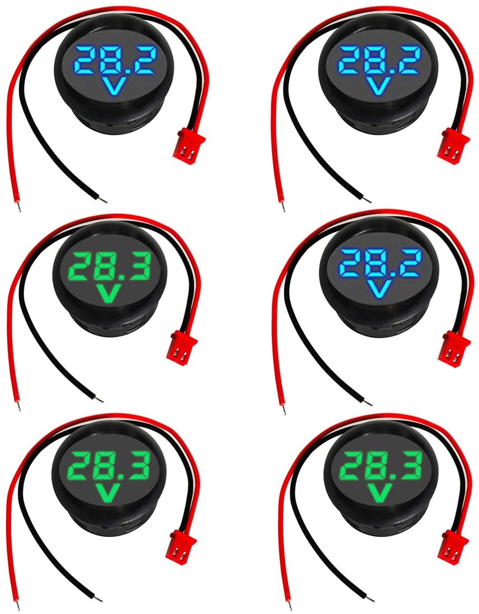6 stuks Digitale voltmeter DC 4-100V, draadspanningsmeter 3-cijferige LED-weergave, spanningsindicator voor auto/motor/vrachtwagen/boot (Blauw & Groen)
