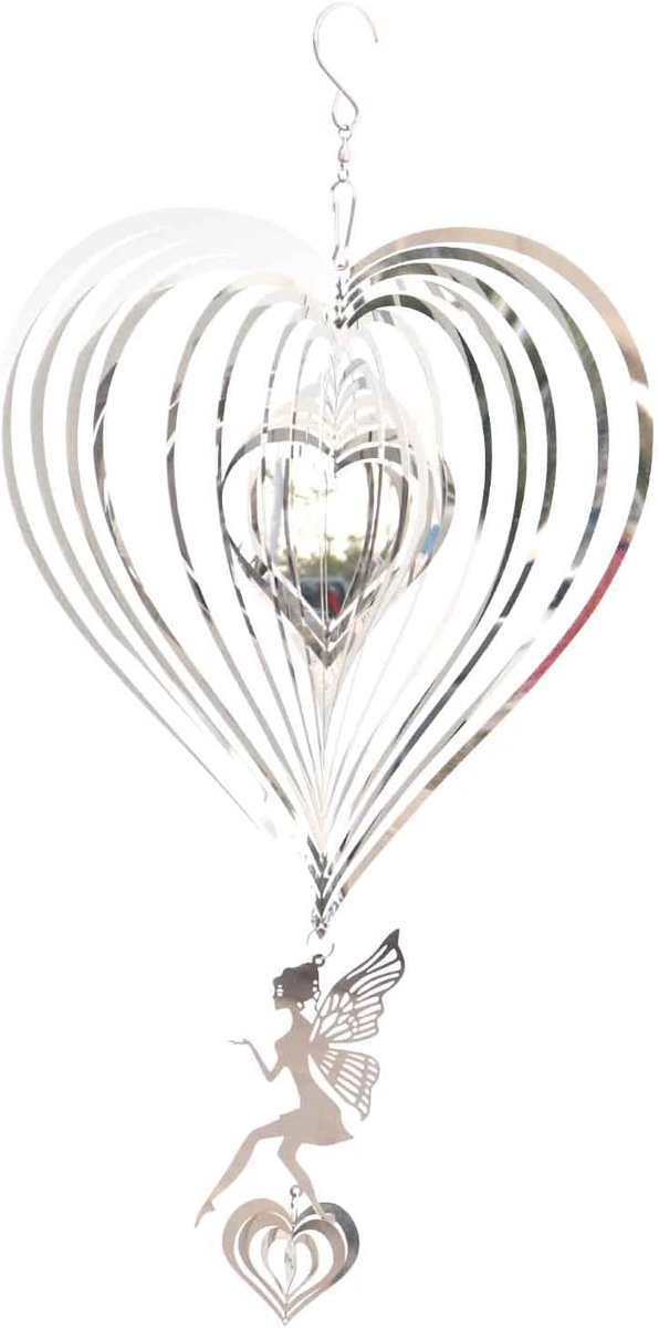 Windspinner metalen decoraties voor buiten, 3D hart windgong voor tuin, hangende spiegel roestvrij staal windsculptur spinner, binnen buiten windvangers ambachten geschenken (zilver-engel)