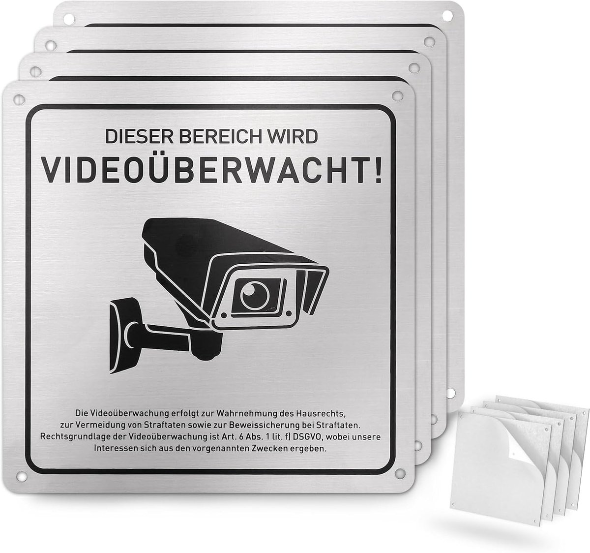 4 stuks bordjes videobewaking, 15 x 15 cm aluminium waarschuwingsplaat zelfklevend privégrondstuk met DSGVO-opmerking voor binnen en buiten gebruik