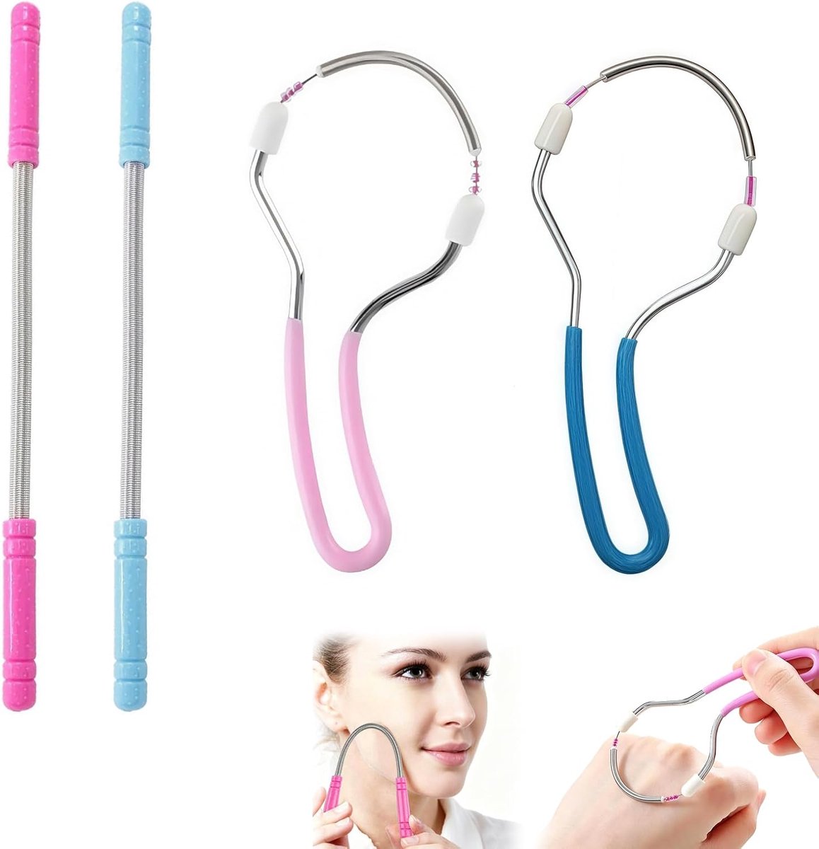 4-delige gezichtsontharingsset voor dames, handmatige stainless steel spring-ontharers voor bovenlip, kin en wangen, draagbaar en huidvriendelijk