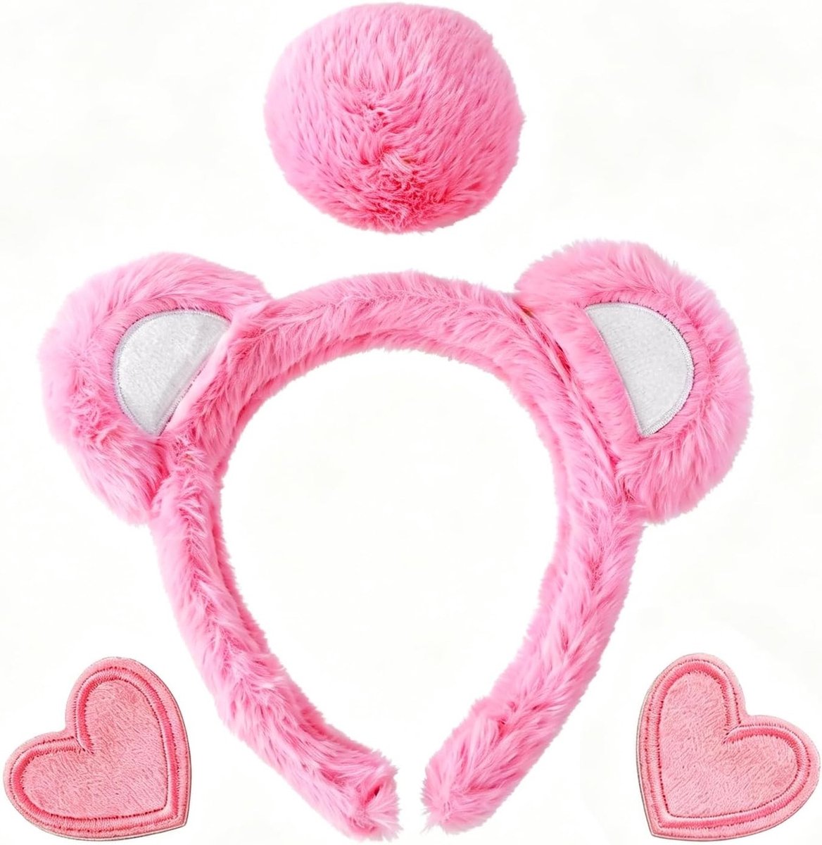 Hoofdband met Berenoren, Staart en Hartvormige Broche Set voor Volwassenen, Ideaal voor Halloween en Cosplay, Roze Pluche Kostuumaccessoires