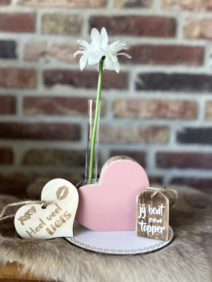 Creaties van hier – met houten hartje - Cadeau pakket Jij bent een topper - 13x10 cm - teksthanger topper - roze hart met bloem in glaasje