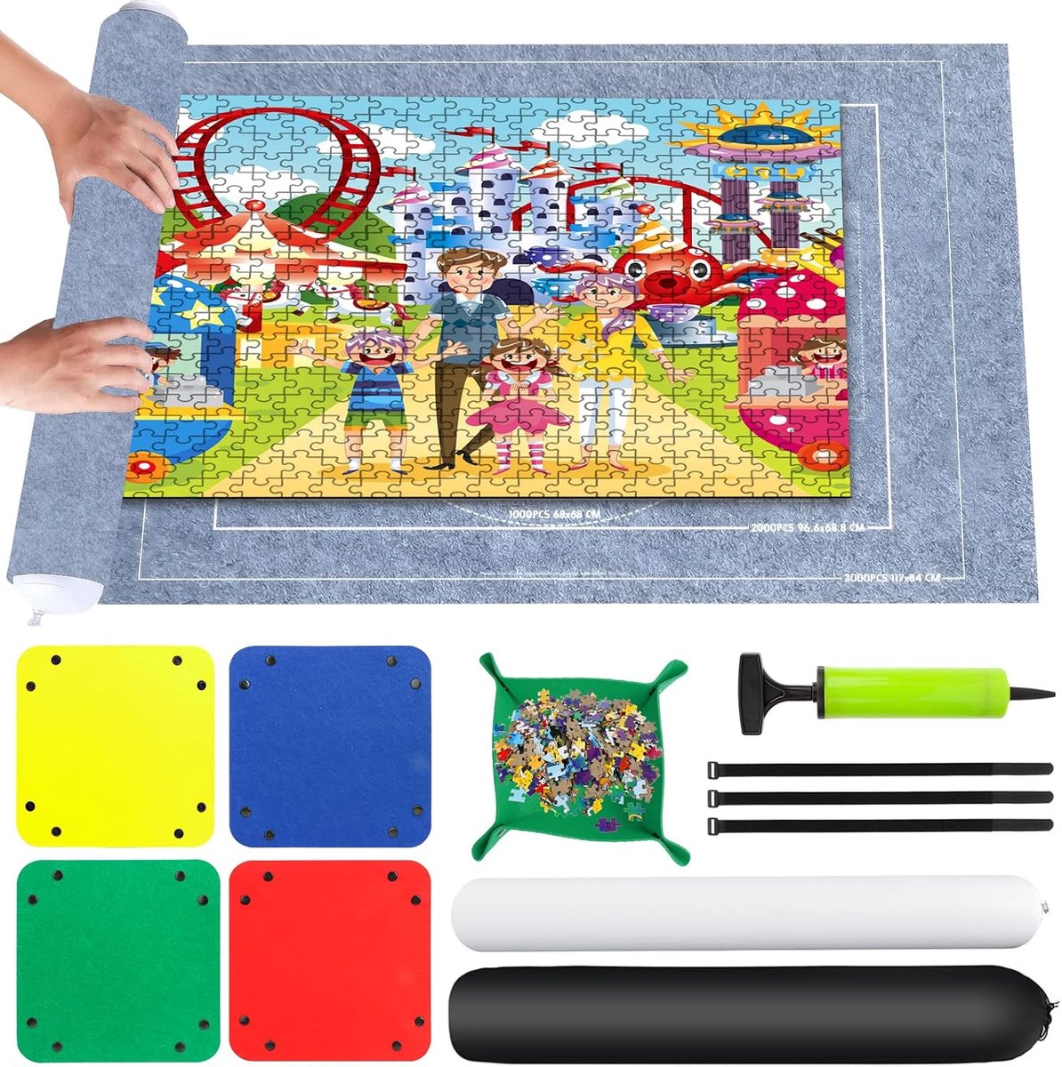 SnelShoppen - Puzzelmat 1000/1500/2000 stukjes - Draagbare puzzelmat 80 x 120 cm - Inclusief opbergset, verstelbare riemen en sorteerschalen
