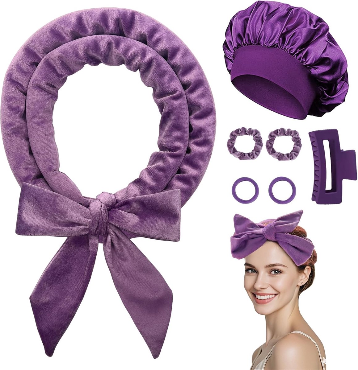 Krulspelden 's nachts heatless krulband, 178 cm krullen zonder hitte krulband om te slapen, 7 stuks krulspelden haarkrullers, set met slaapmuts