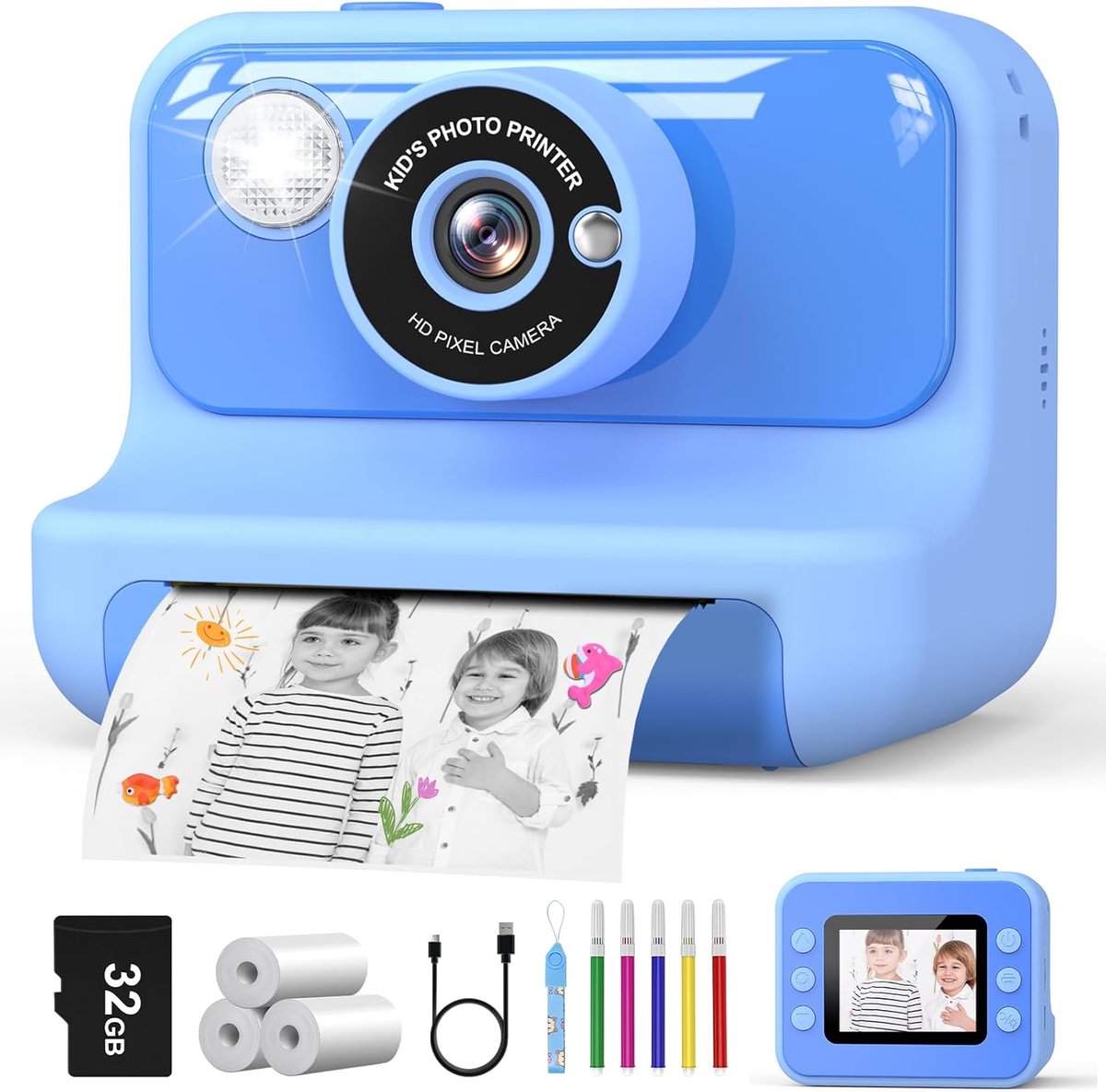 Instant Print kindercamera, 2,4 inch Instant Camera voor kinderen, 1080P kindercamera's met 32 GB kaart & 3 rollen fotopapier, kerst verjaardagscadeaus speelgoed voor meisjes en jongens van 3