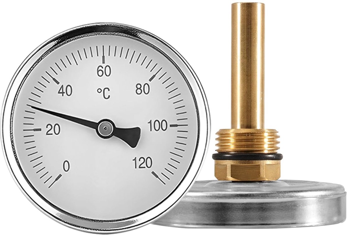 thermometer, diameter 63 mm, axiale wijzerthermometer 0-120 °C, wijzerthermometer met messing dompelhuls (1/2 inch aansluiting en schachtlengte 56 mm), metalen thermometer voor