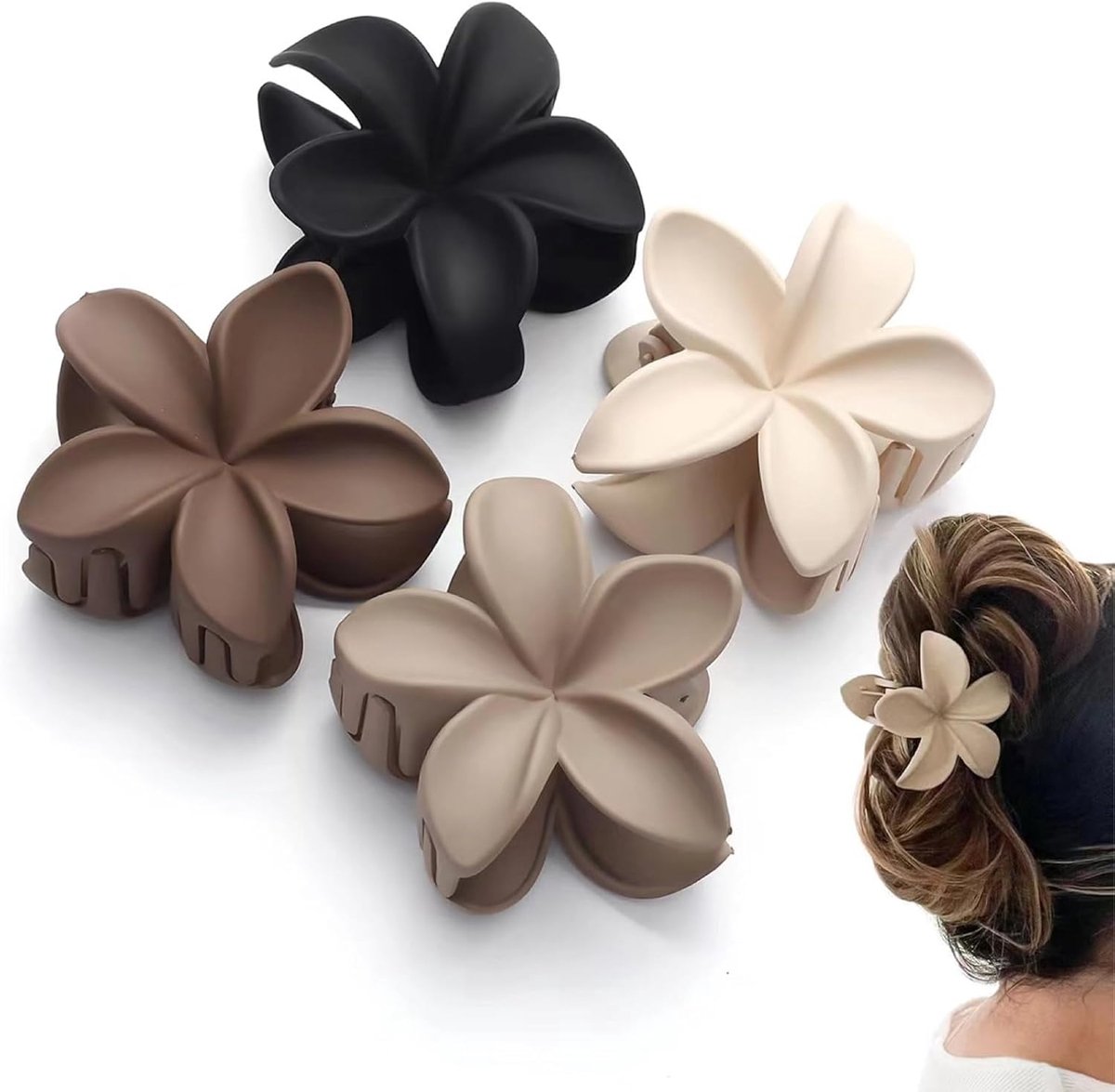 SnelShoppen - Haarclips 4 Stuks Bloemen Grote Set Matte voor Vrouwen Dikke Dunne Haaraccessoires voor Feest, Dagelijks Gebruik, Zacht Rubber, Kleurmix