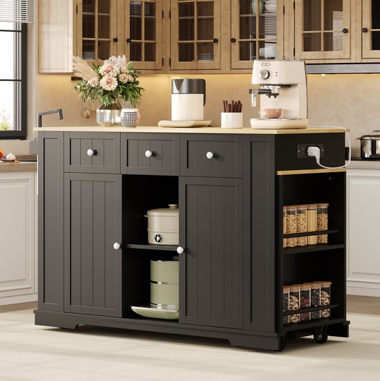 MIVRAY Keukeneiland - Verrijdbare Keukenwagen Met Uittrekbare Eettafel En Verstelbare Planken - Voor Keuken En Eten - MDF - Zwart Natuurlijk - 138 X 55 X 93 Cm — afbeelding 2
