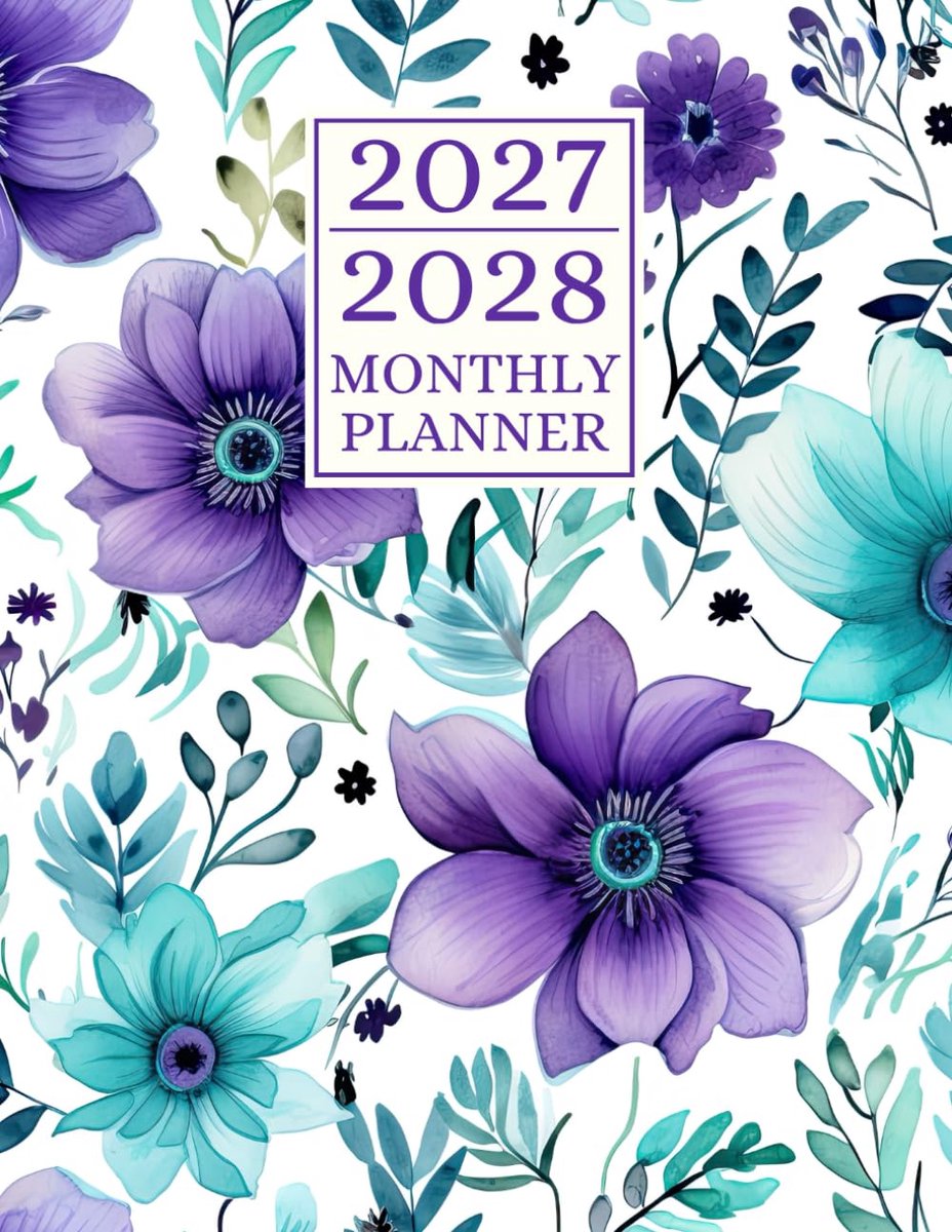 Maandplanner 2027-2028 - 2 Jaar Kalender 8.5 x 11 Groot - Paarse Bloemen - Organiseer Je Leven - ShopVlot