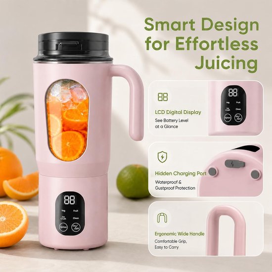Draagbare blender, 550 ml, kleine blender met handvat, smoothie maker, USB oplaadbare draagbare blender voor kantoor, camping, sportschool en reizen, roze — afbeelding 5