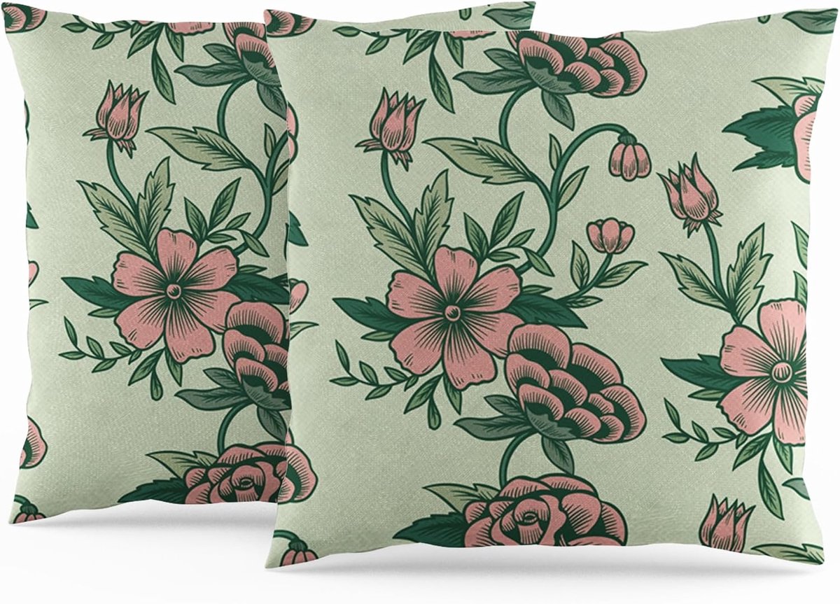 Kussenslopen 50 x 50 cm - Esthetische bloemen - Vintage groen en roze - Landelijke stijl voor woonkamer - SnelShoppen