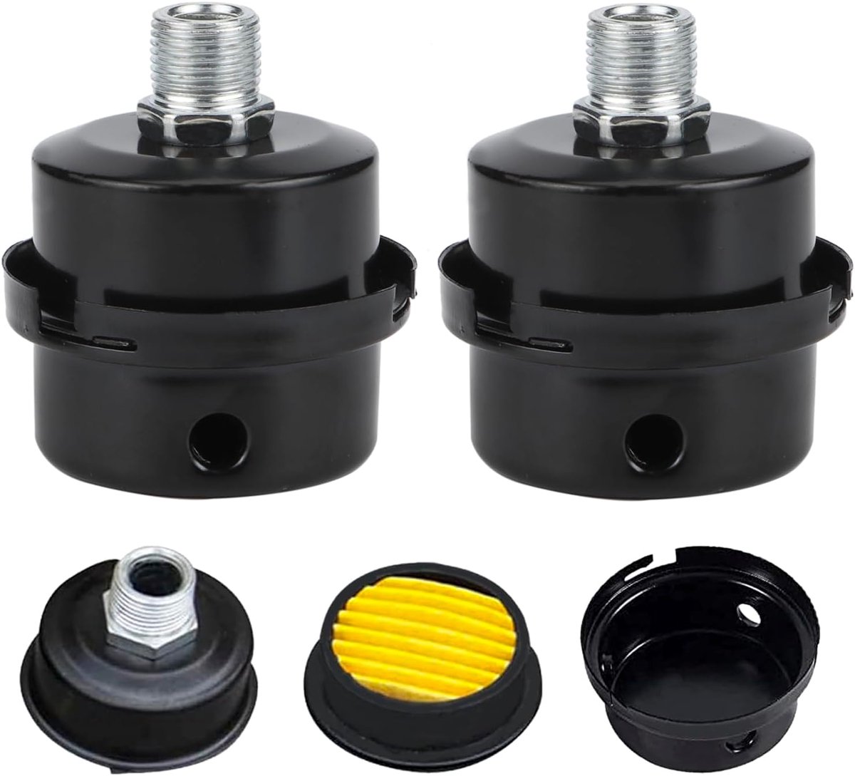 2 stuks compressor, 3/8 inch, 16 mm luchtfilter, metalen geluiddemper, aanzuigschroefdraad, reserveonderdelen