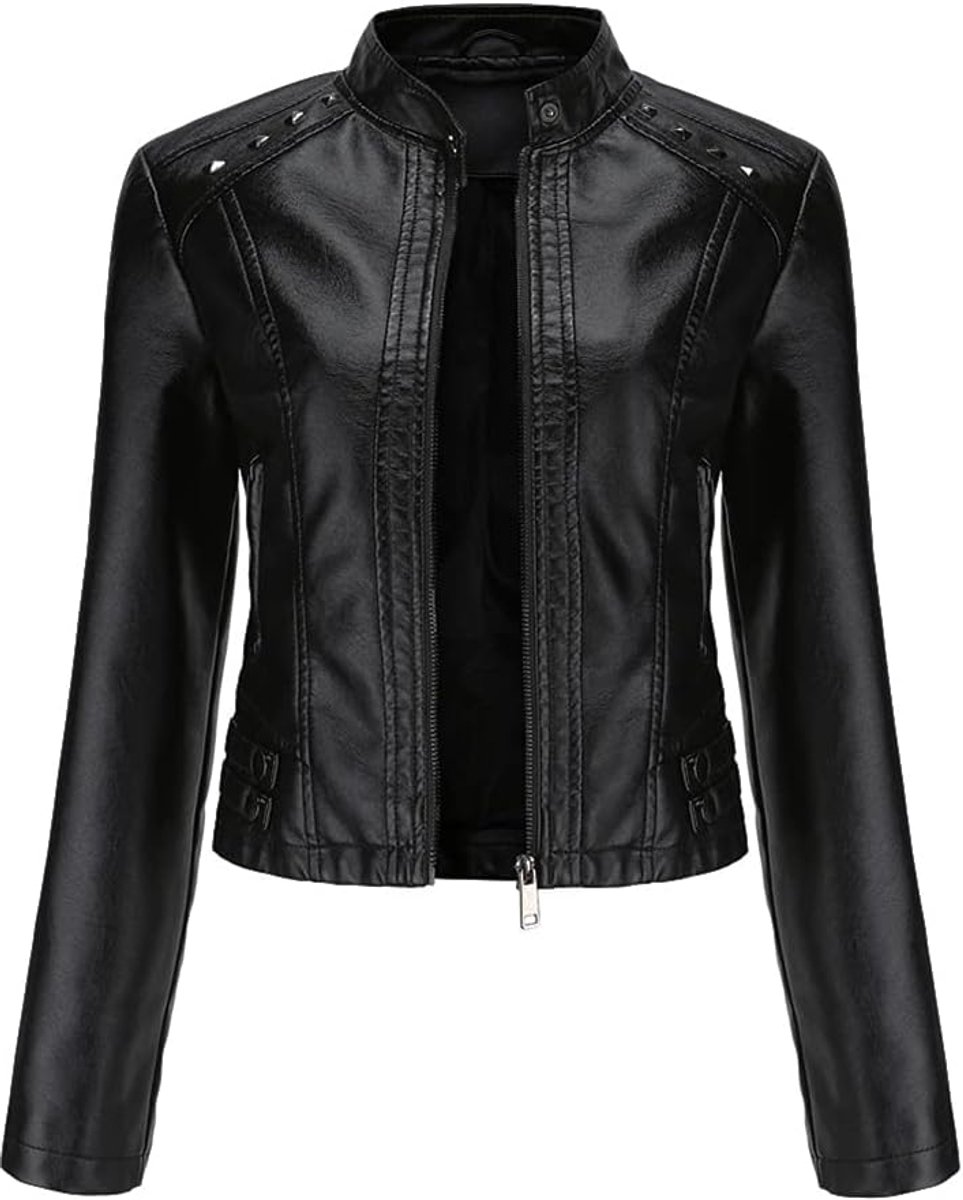 Leren damesjas, kort, kunstleer, ritssluiting, klinknagels, modieus, solide, kleur bikerjack