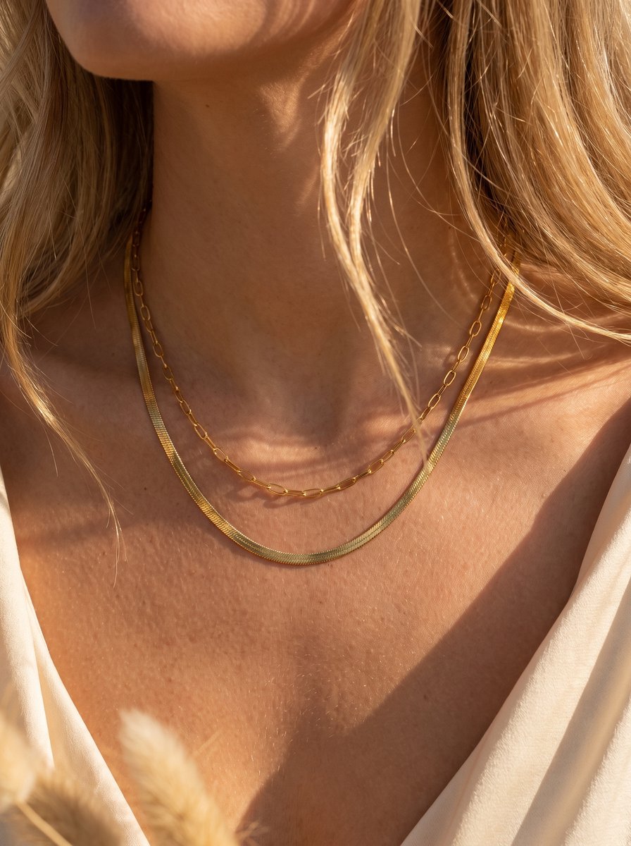 Lundholm Hanne Layered Ketting Dames Goudkleurig – Premium Stainless Steel Gold PVD Plated – Dubbele Ketting met Slangenketting en Schakelketting – Sieraad Dames Cadeau voor Haar 42 + 5 cm – Waterproof & Hypoallergeen