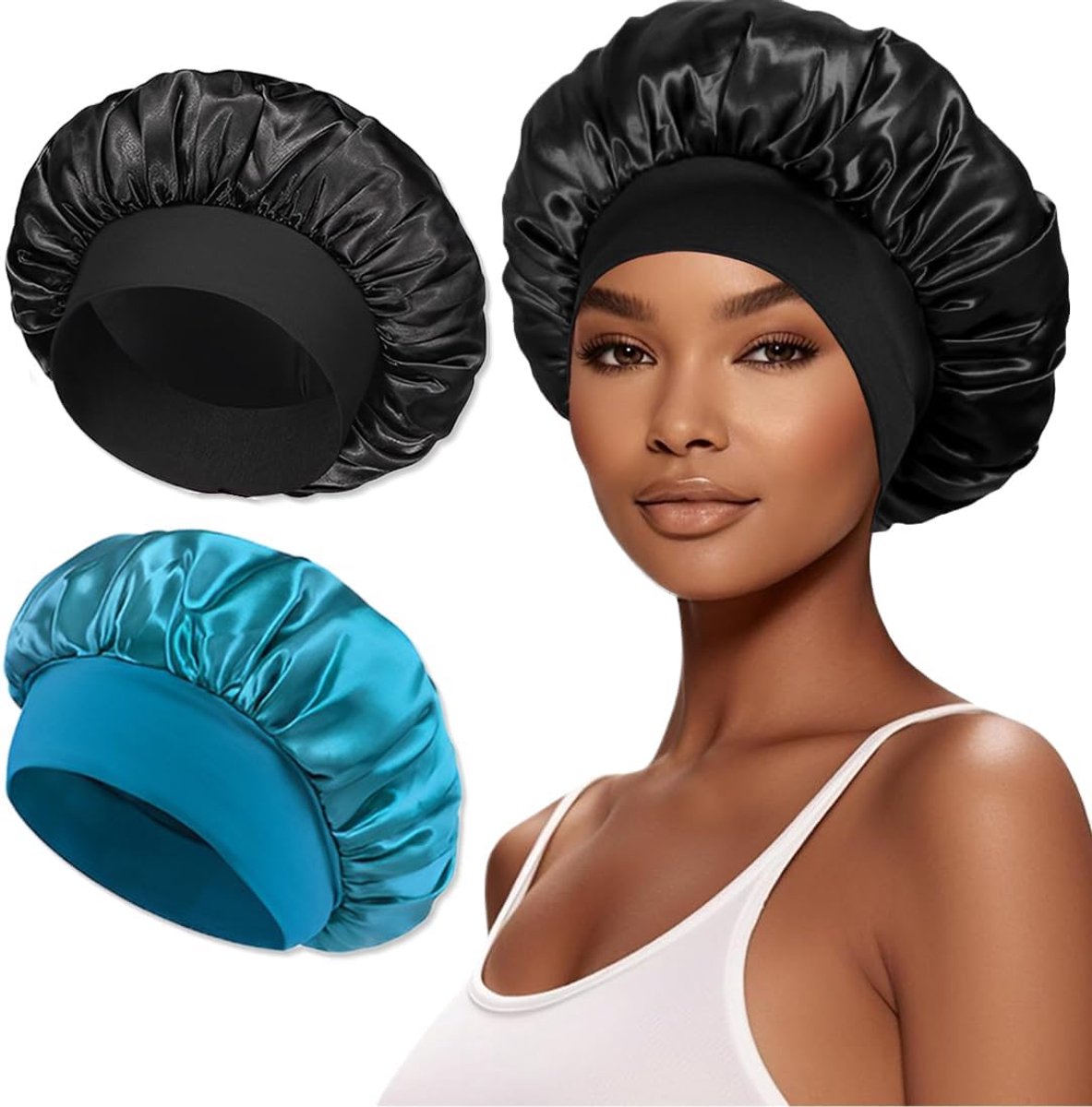 haarkap, bonnet, haarkap voor 's nachts, zijden motorkap om te slapen, herbruikbare zijden motorkap, haarbonnet voor dames en meisjes (zwart, pauwenblauw)